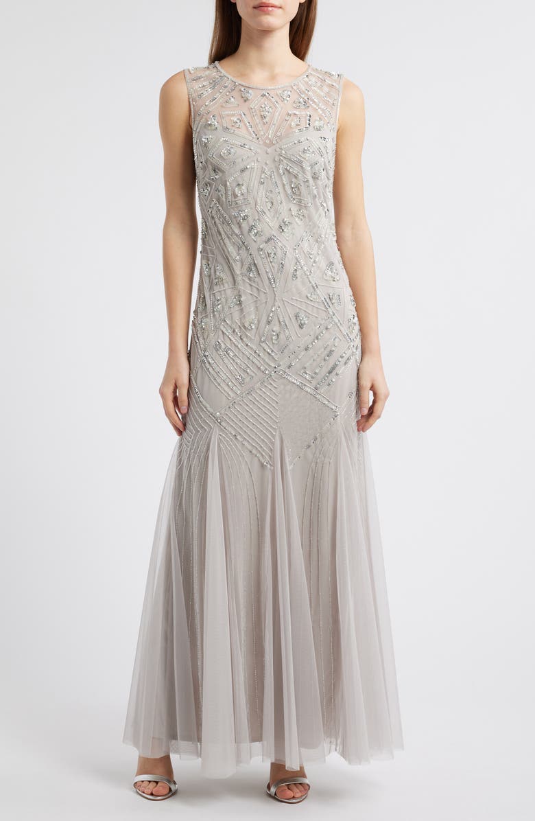 Pisarro Nights Geometric Beaded Sleeveless Gown, Main, color, Silver