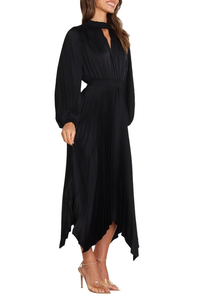 satin high neck balloon sleeve midi dress Hot Pink Satin Midi Dress Bishop Sleeves Open Back