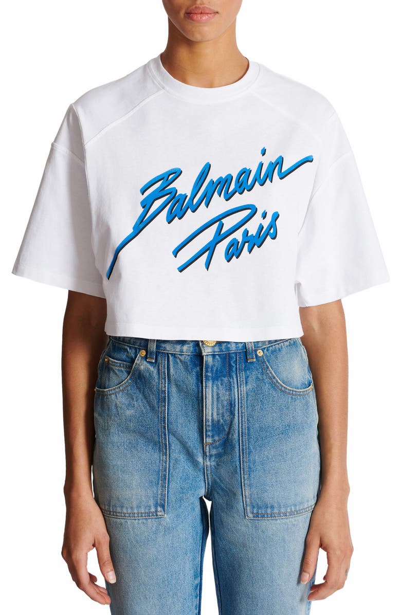 Balmain Cropped T-Shirt With Flocked Balmain Letter Logo, Alternate, color, White