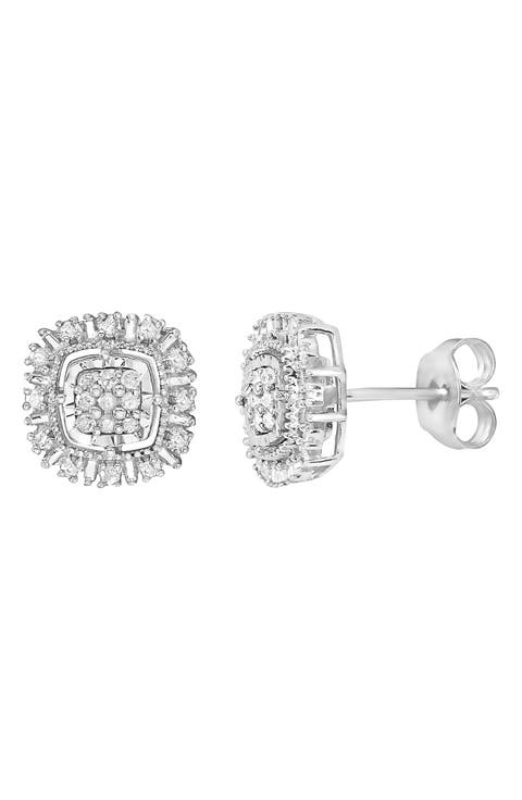 Sterling Silver Pavé Diamond Cushion Stud Earrings