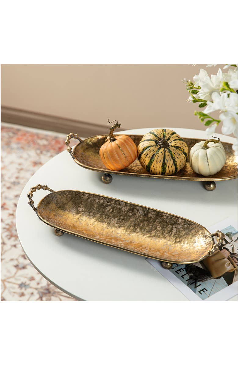 Glitzhome Set of 2 Oval Metal Gold Decorative Tray with Handles, Alternate, color, Gold