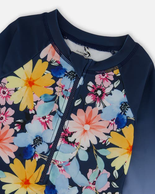 Deux Par Deux Little Girl's Printed Long Sleeve Rashguard Navy And Yellow And Pink Flowers In Navy Yellow And Pink Flowers