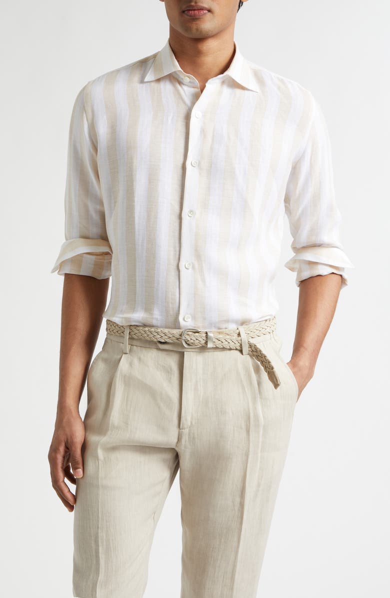 Eleventy Stripe Linen Button-Up Shirt, Main, color, 102 Coriander