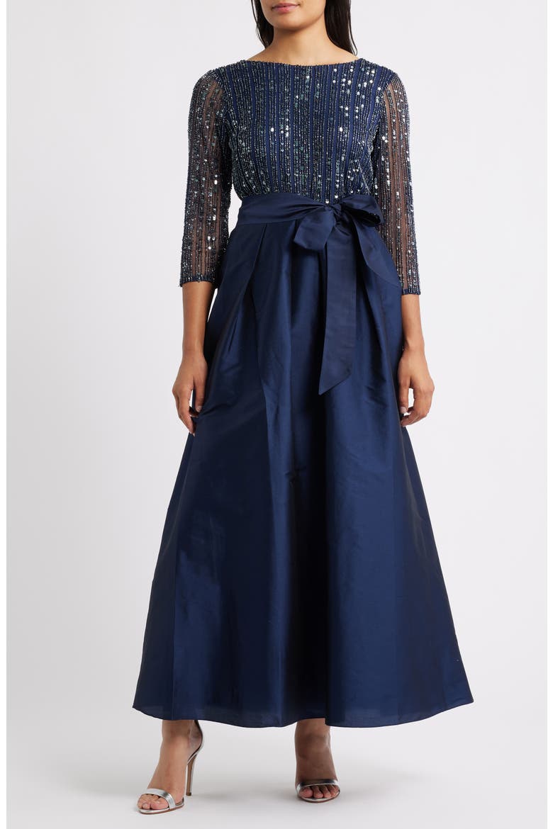 Bow Long Sleeve Sequin & Taffeta Gown, Main, color, NAVY
