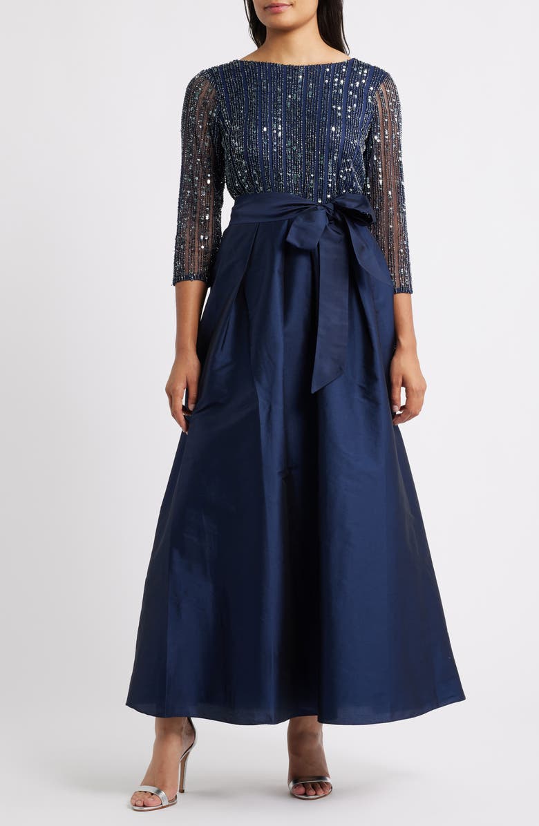 Pisarro Nights Bow Long Sleeve Sequin & Taffeta Gown, Main, color, Navy
