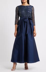 Pisarro Nights Bow Long Sleeve Sequin & Taffeta Gown