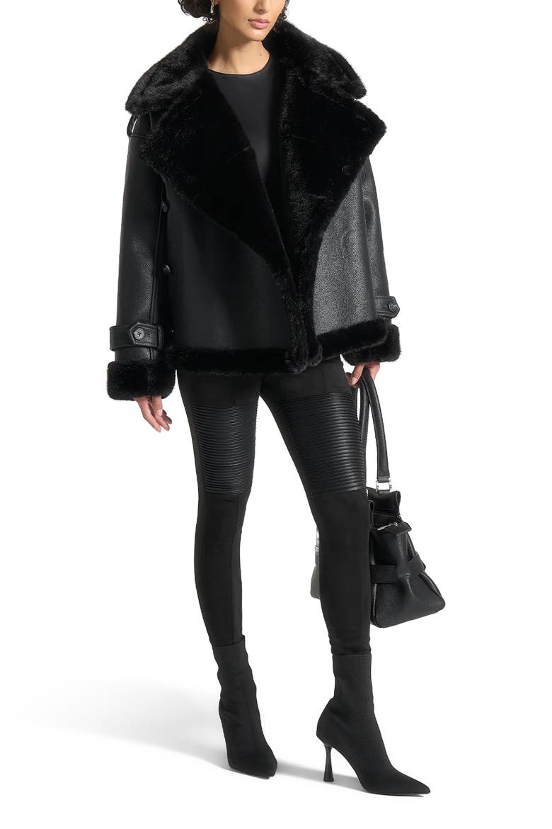 Charlene Leather and Plush Wrap Belted Jacket, Alternate, color, Black