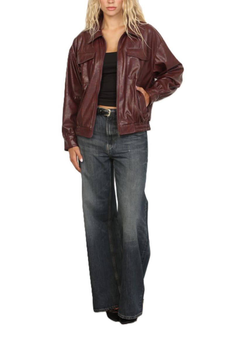 Oversized Faux Leather Jacket, Alternate, color, BURGUNDY