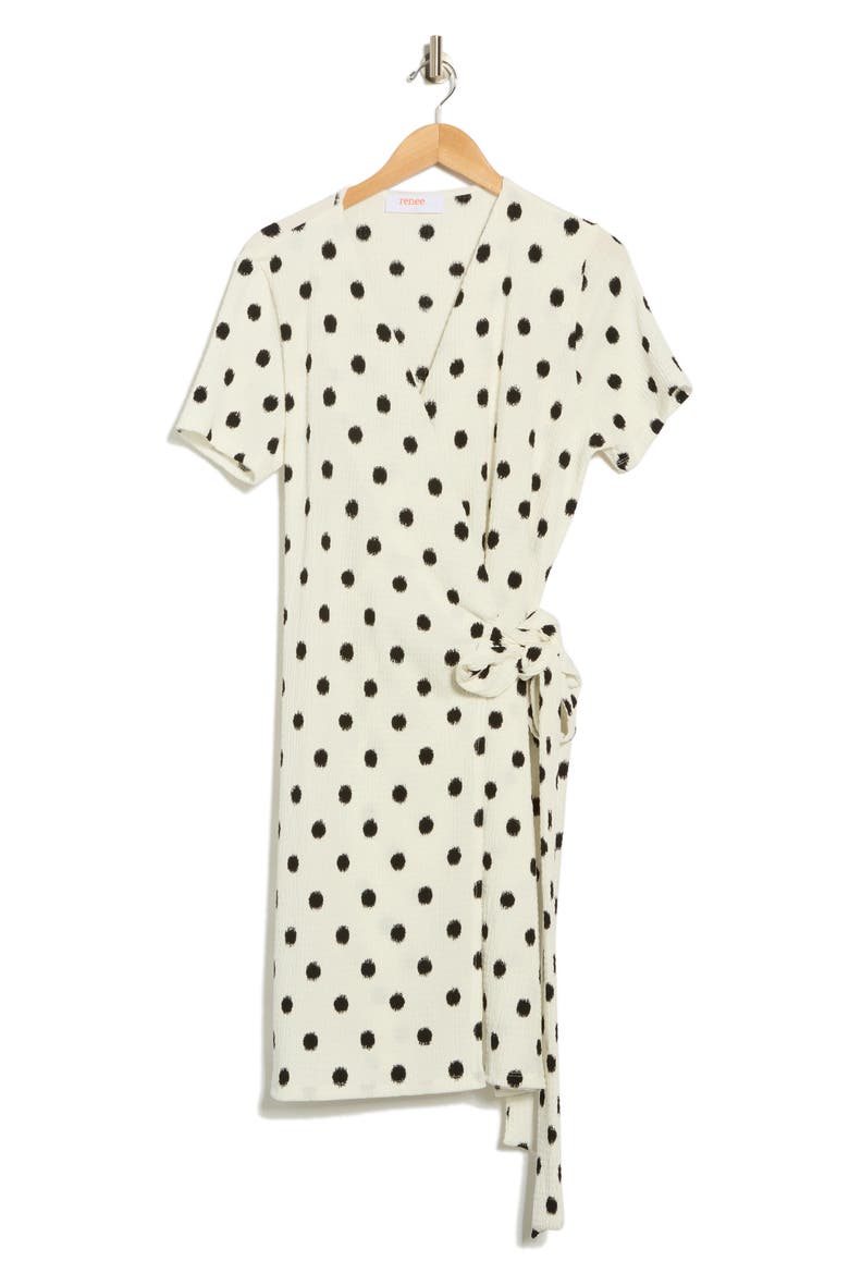 Polka Dot Short Sleeve Wrap Dress, Alternate, color, WHITE/ BLACK