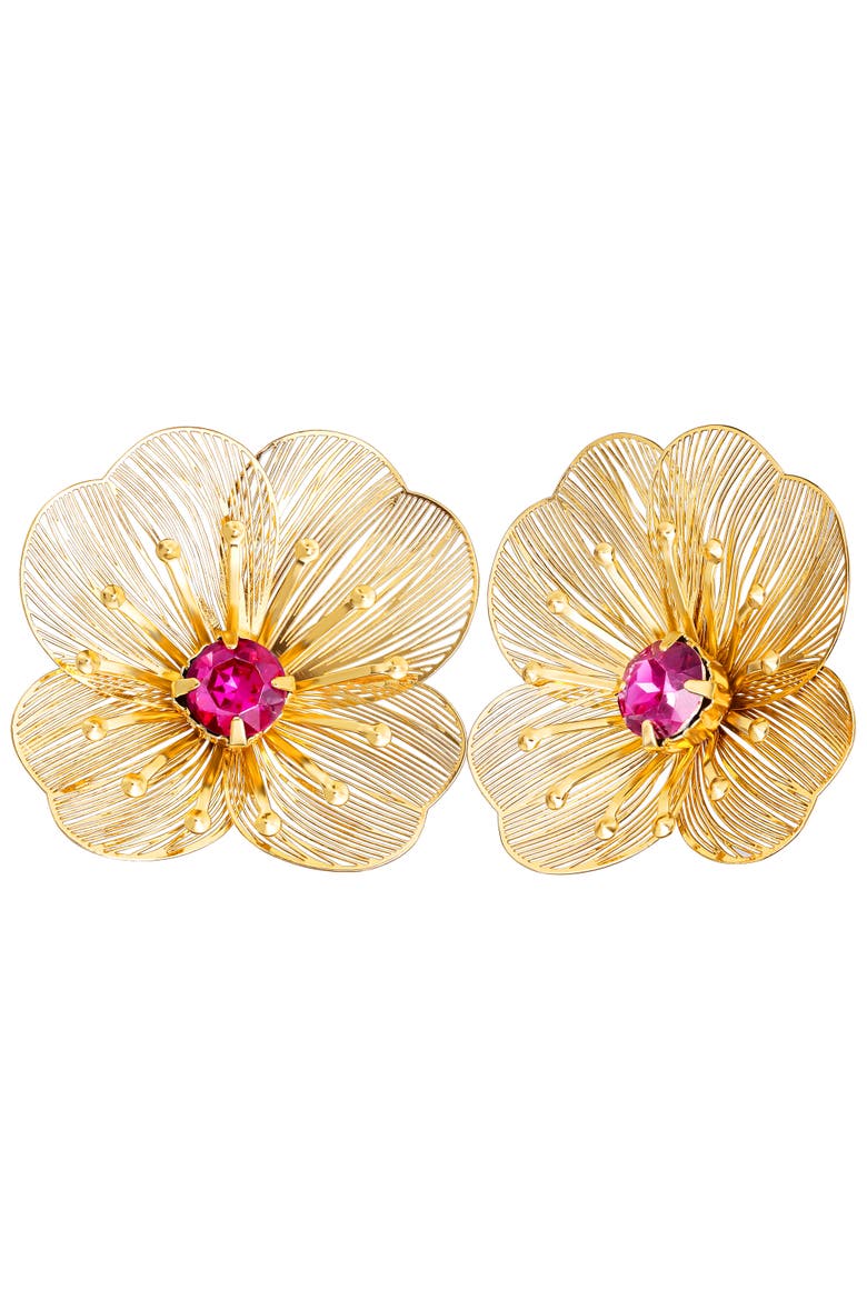 Gold-Tone Filigree Flower Stud Earrings with Pink Crystal Center, Main, color, Gold tone