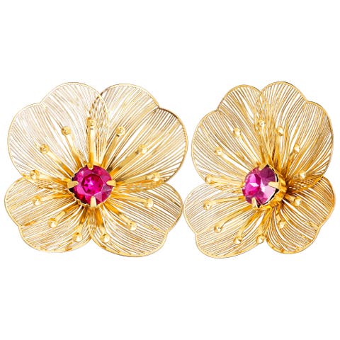 Gold-Tone Filigree Flower Stud Earrings with Pink Crystal Center