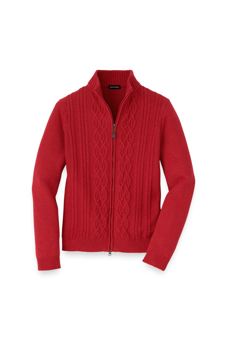 Cotton Cable Full Zip Mock Neck Sweater, Main, color, Red
