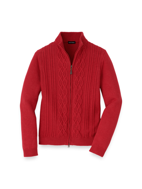 Cotton Cable Full Zip Mock Neck Sweater
