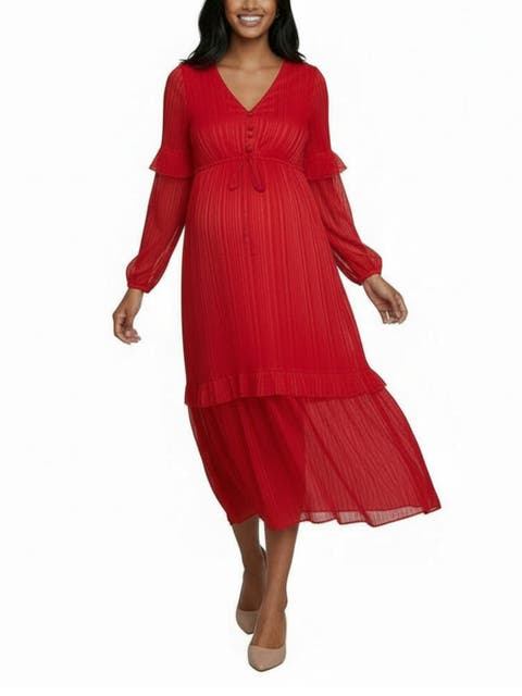 V-Neck Long Sleeve Tiered Maxi Dress
