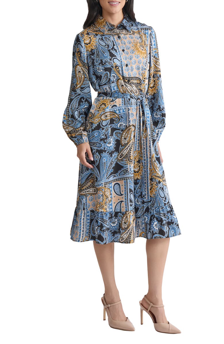 Jones New York Print Tie Waist Long Sleeve Shirtdress, Alternate, color, Blue Lagoon Multi