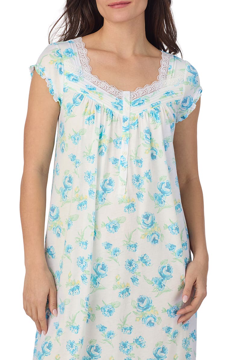 Eileen West Cap Sleeve Waltz Nightgown, Alternate, color, Aqua Floral White