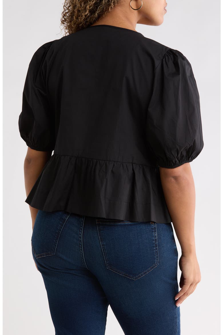 Tie Front Puff Sleeve Peplum Top, Alternate, color, BLACK