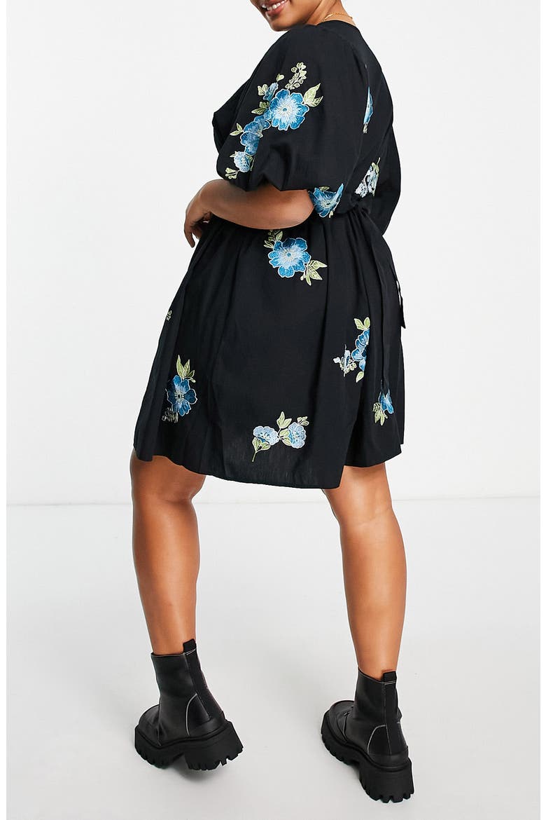 Curve Floral Embroidered Shirred Minidress, Alternate, color, BLACK