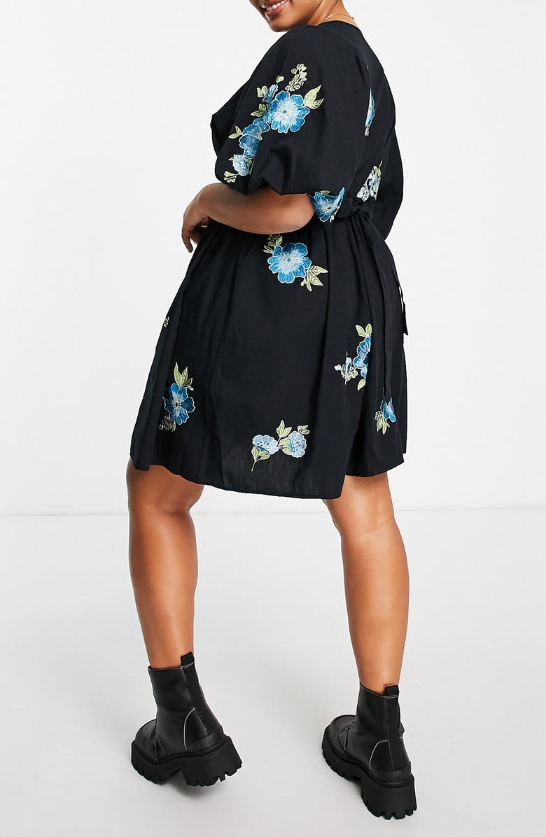 ASOS DESIGN Curve Floral Embroidered Shirred Minidress, Alternate, color, 