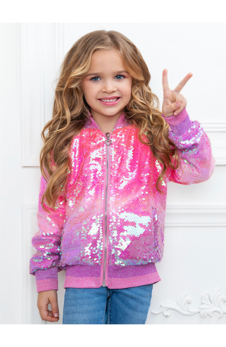 Mia Belle Girls Starlight Sparkle Iridescent Sequin Bomber Jacket, Alternate, color, Pink