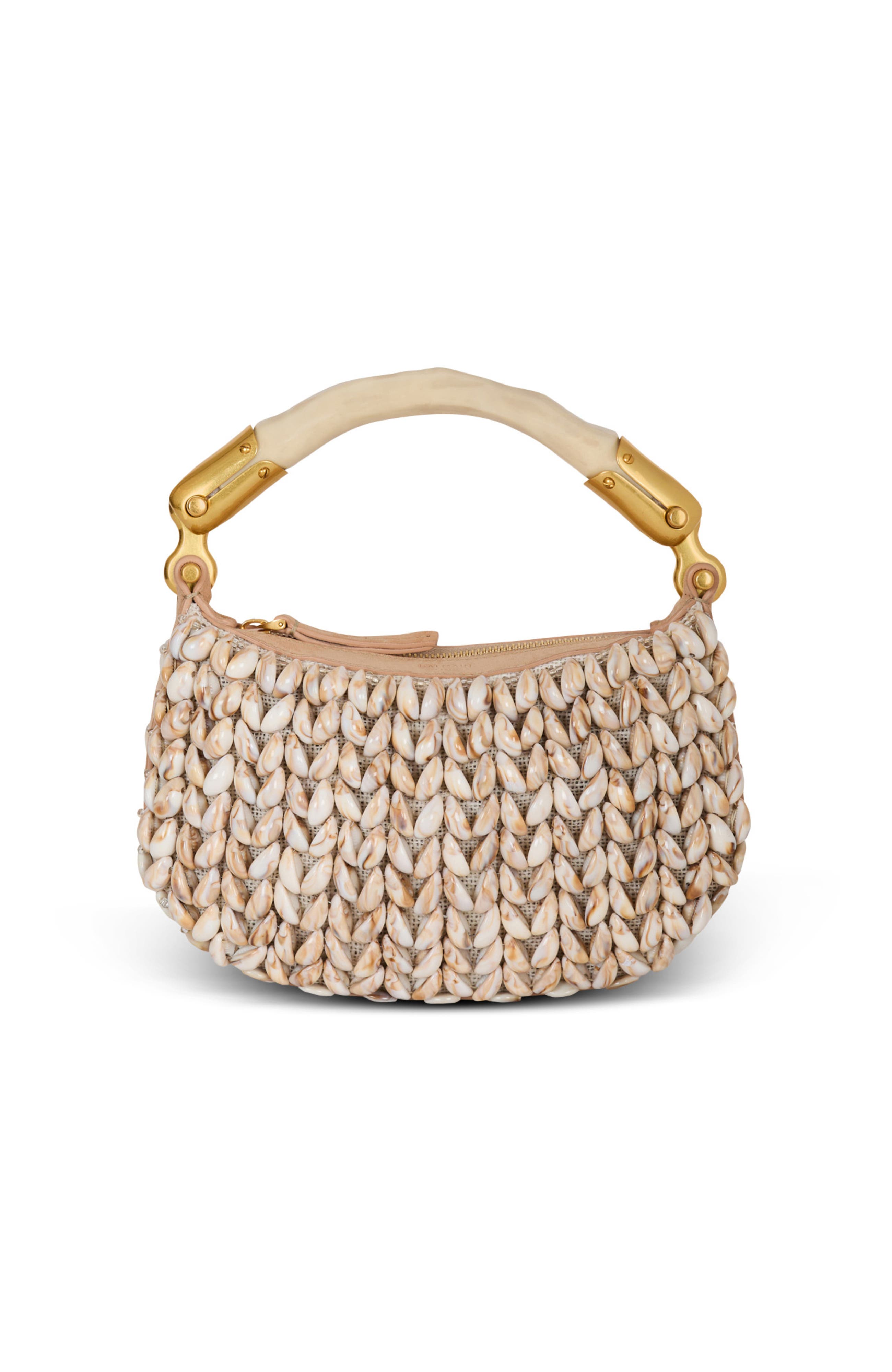 Balmain Ebene Mini bag in suede and shells, Main, color, Beige