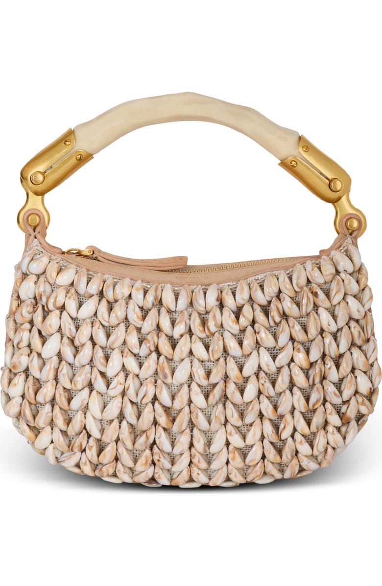 Balmain Ebene Mini bag in suede and shells, Main, color, Beige