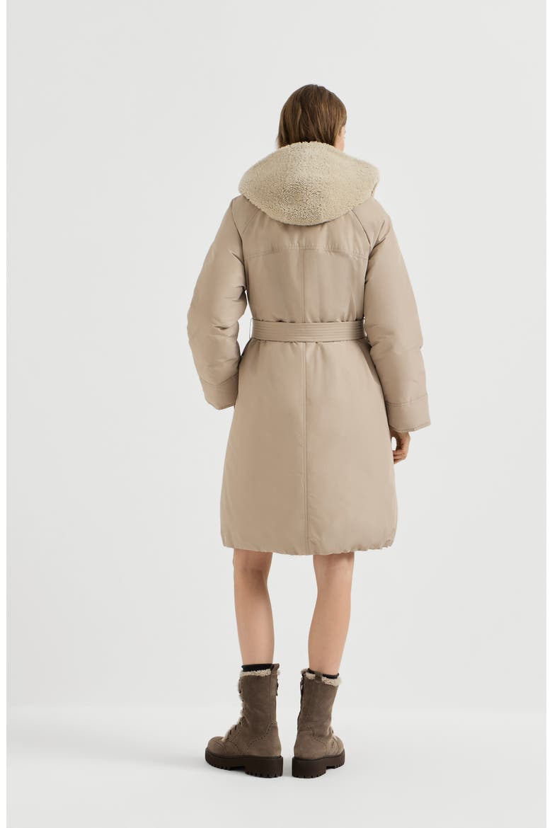 Techno cotton taffeta belted down coat with detachable shearling hood and shiny zipper pull, Alternate, color, Beige