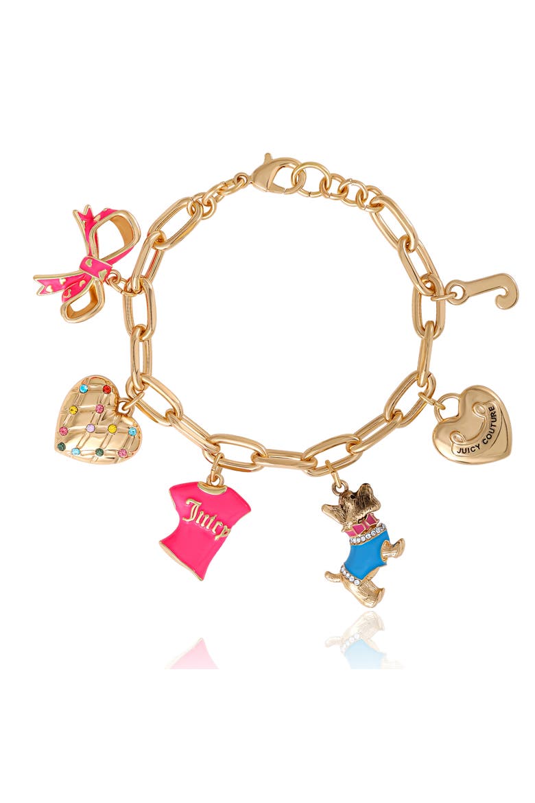 Pink and Gold Charm Bracelet with Bow, Dog, and Heart, 7.5'', Main, color, Gold Tone