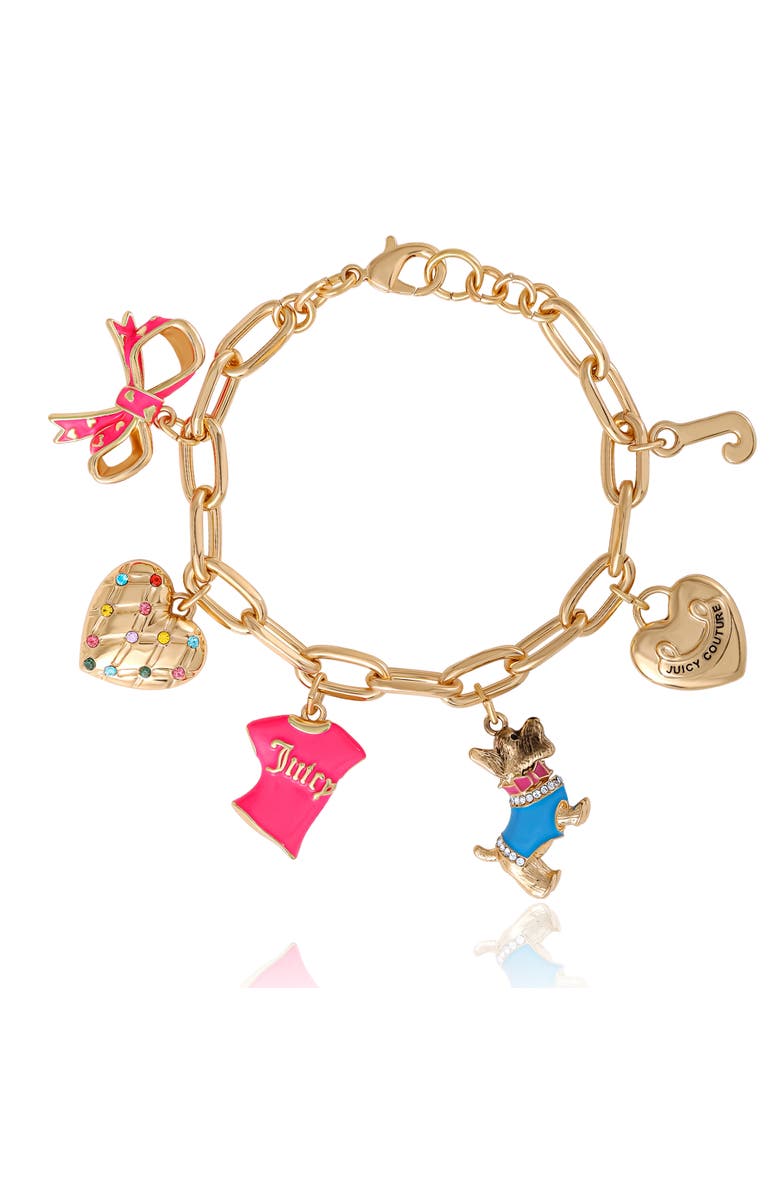 Juicy Couture Pink and Gold Charm Bracelet with Bow, Dog, and Heart, 7.5'', Main, color, Gold Tone