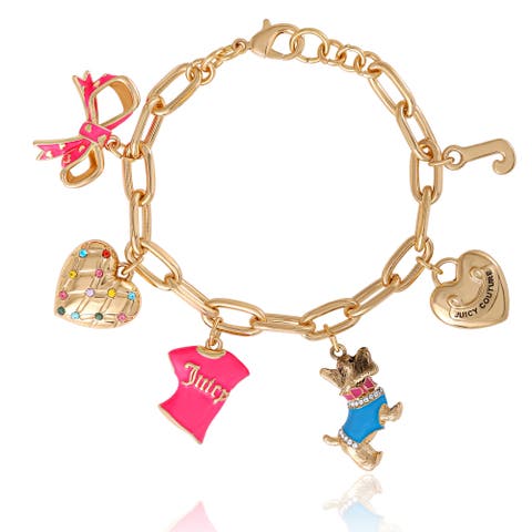 Pink and Gold Charm Bracelet with Bow, Dog, and Heart, 7.5''