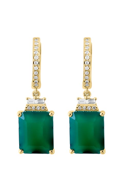 14K Yellow Gold Diamond Emerald Cut Green Onyx Drop Earrings