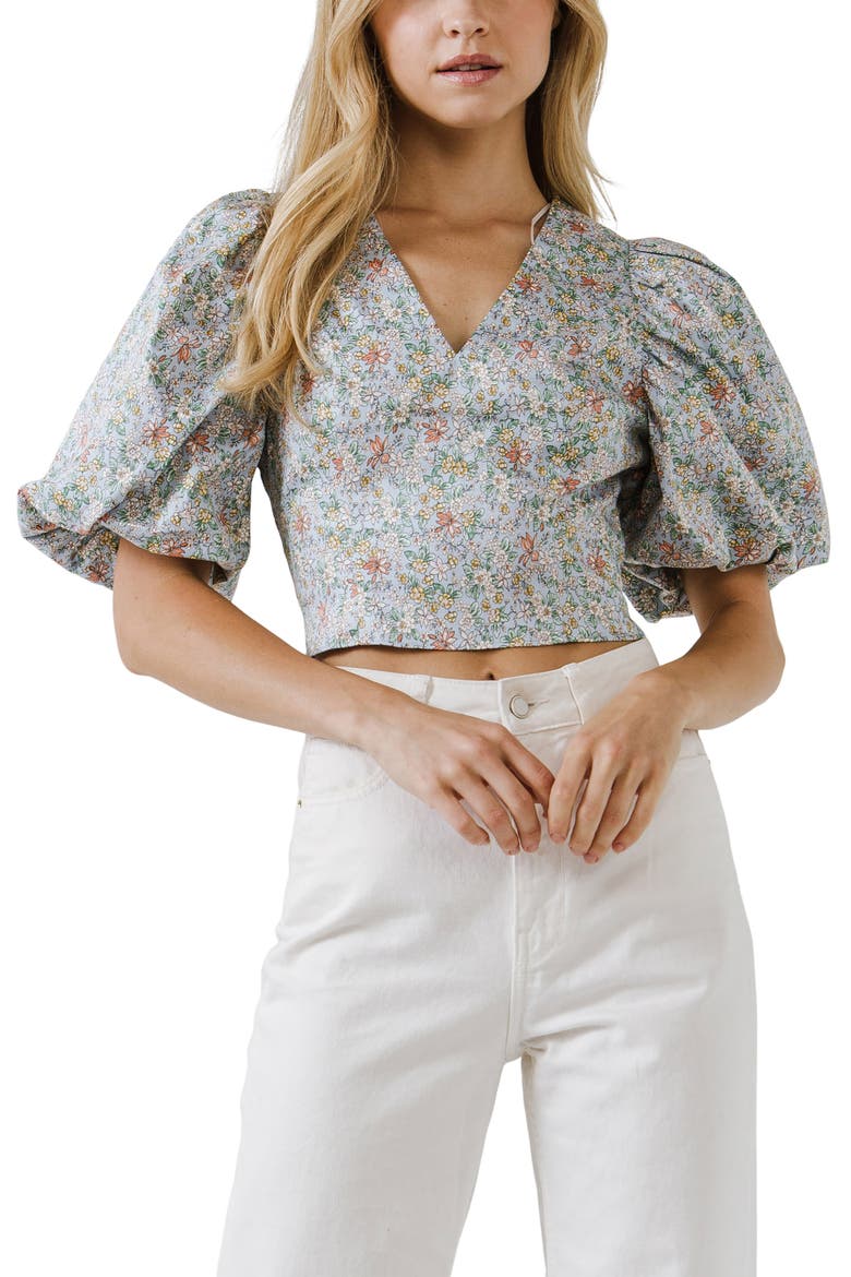 Floral Print Puff Sleeve Crop Top, Main, color, BLUE MULTI