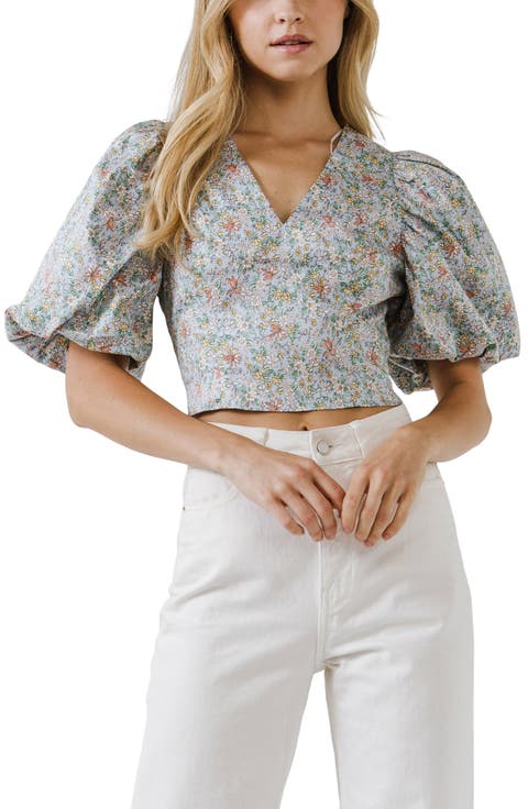 Floral Print Puff Sleeve Crop Top
