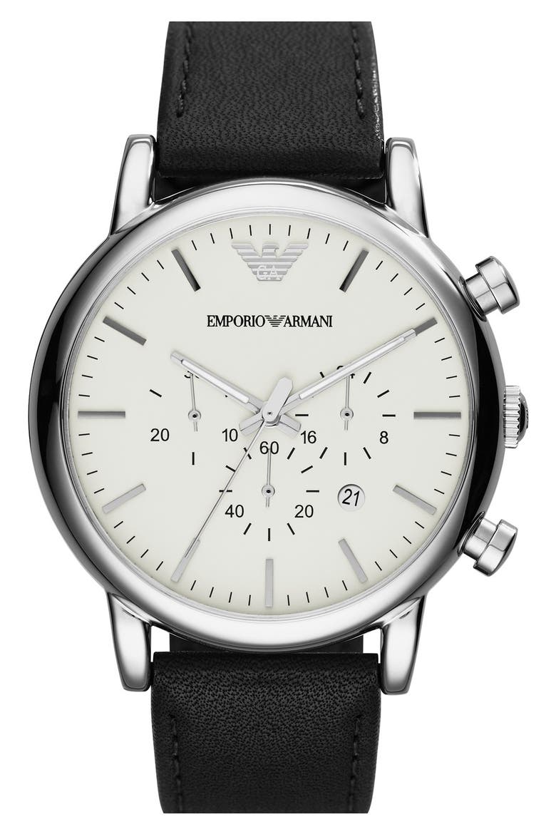 Chronograph Leather Strap Watch, 46mm, Main, color, SILVER