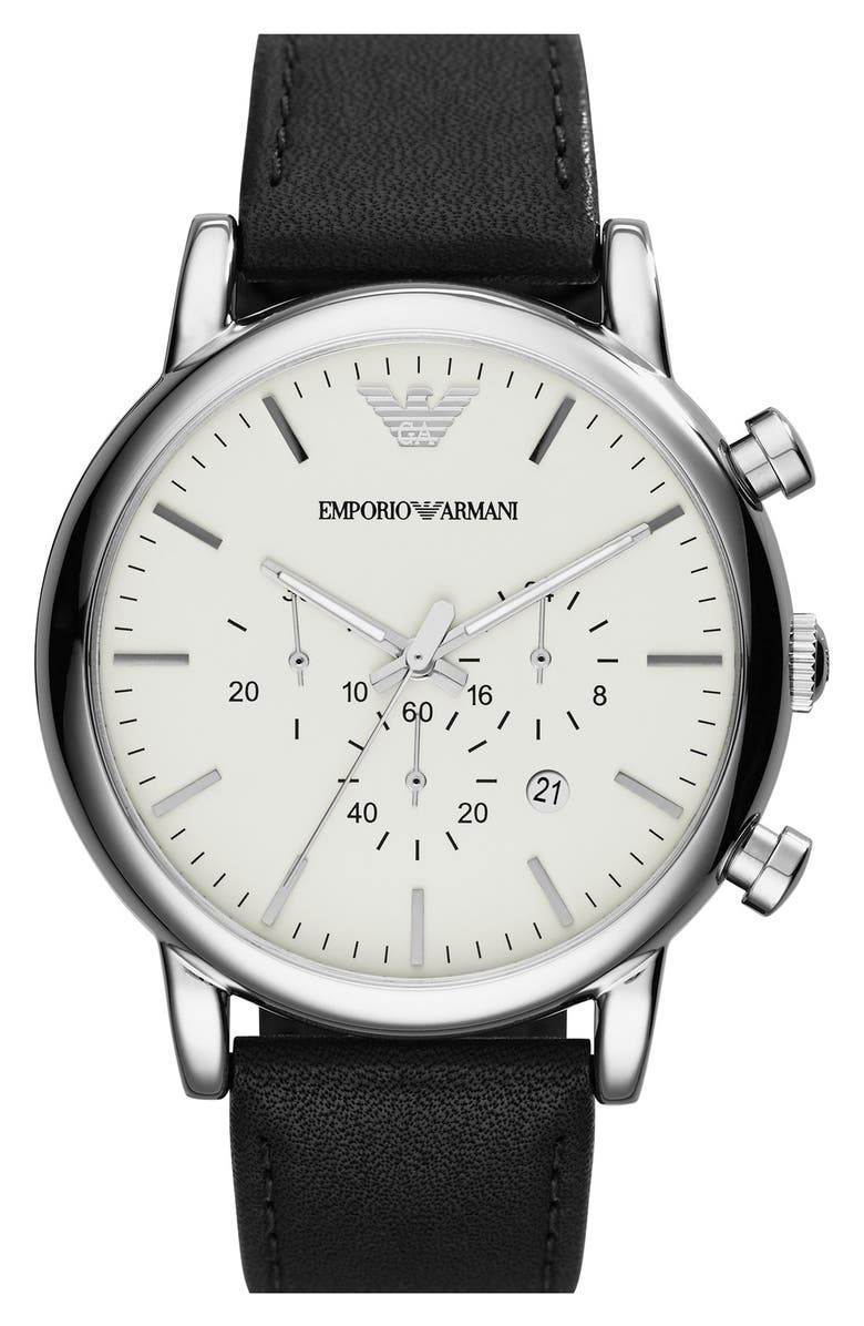 Emporio Armani Chronograph Leather Strap Watch, 46mm, Main, color, Silver