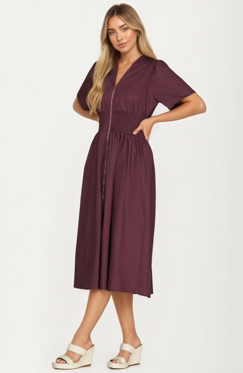 Knit and Lounge Zip-Front Smocked Waist Short Sleeve Midi Dress, Alternate, color, Burgundy