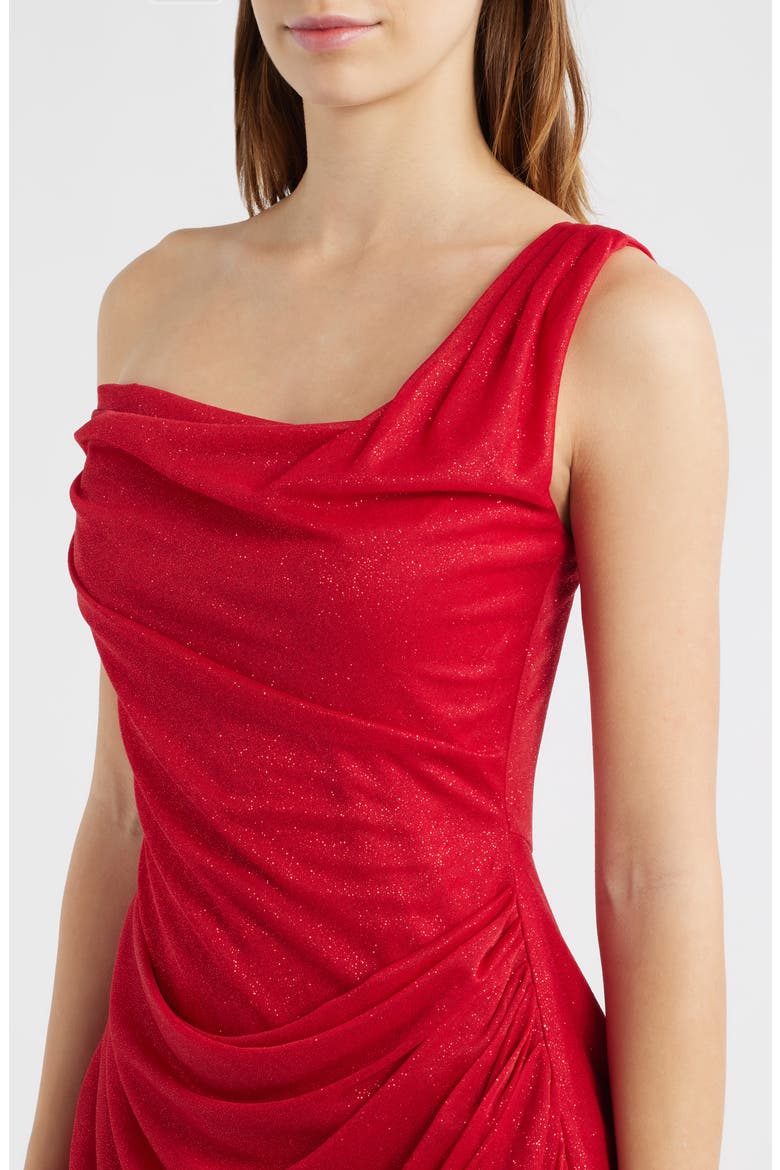 One-Shoulder Glitter Matte Jersey Cocktail Minidress, Alternate, color, RED