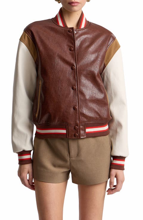 Faux Leather Varsity Bomber Jacket
