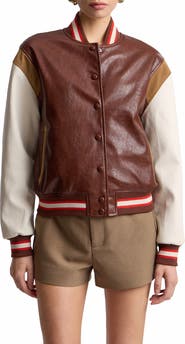 Avec Les Filles Faux Leather Varsity Bomber Jacket