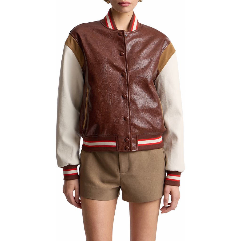 Avec Les Filles Faux Leather Varsity Bomber Jacket In Brown