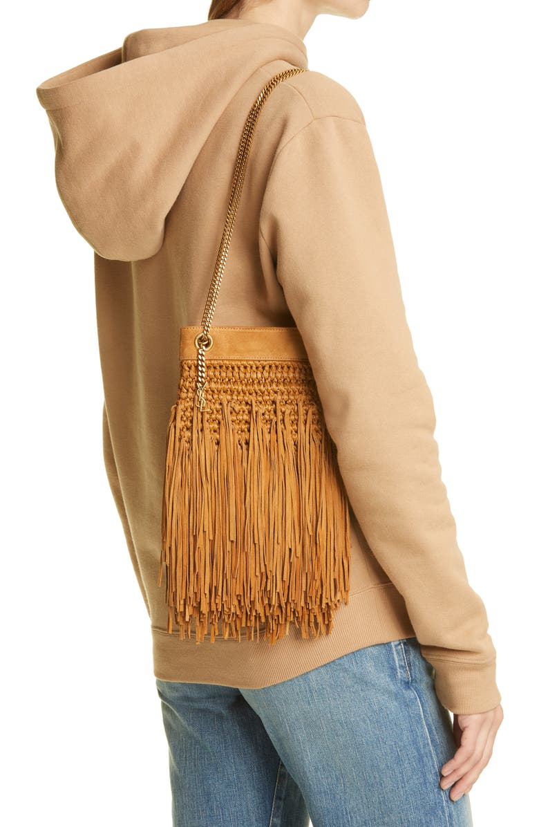 Saint Laurent Grace Raffia Suede Fringe Hobo, Alternate, color,