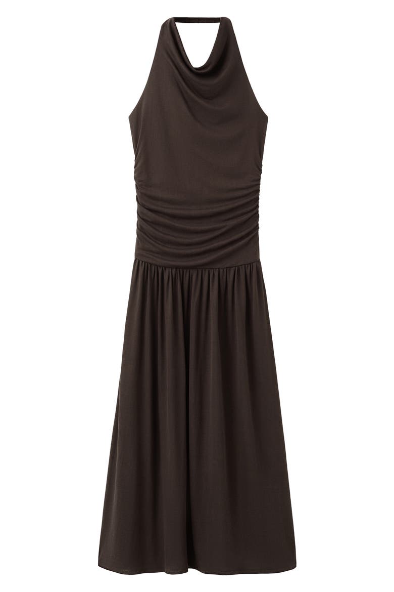 Osana Ruched Drop Waist Halter Midi Dress, Main, color, BROWN