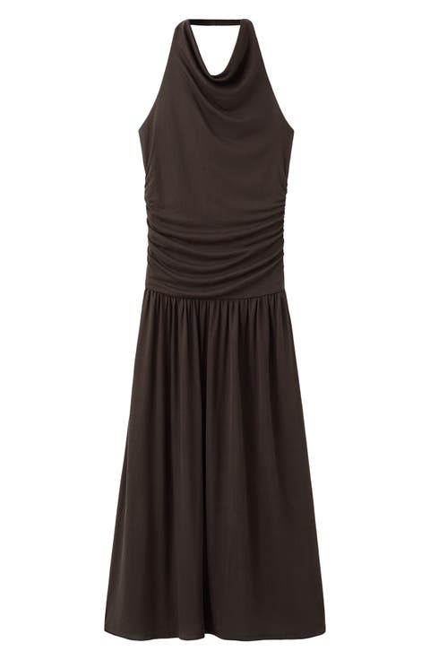 Osana Ruched Drop Waist Halter Midi Dress