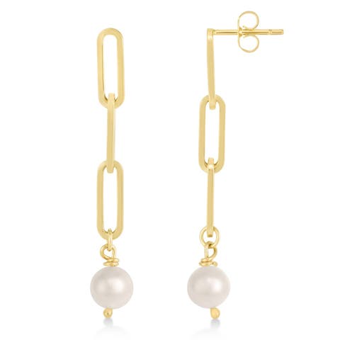 Pearl Drop Paperclip Earrings 14k Yellow Gold