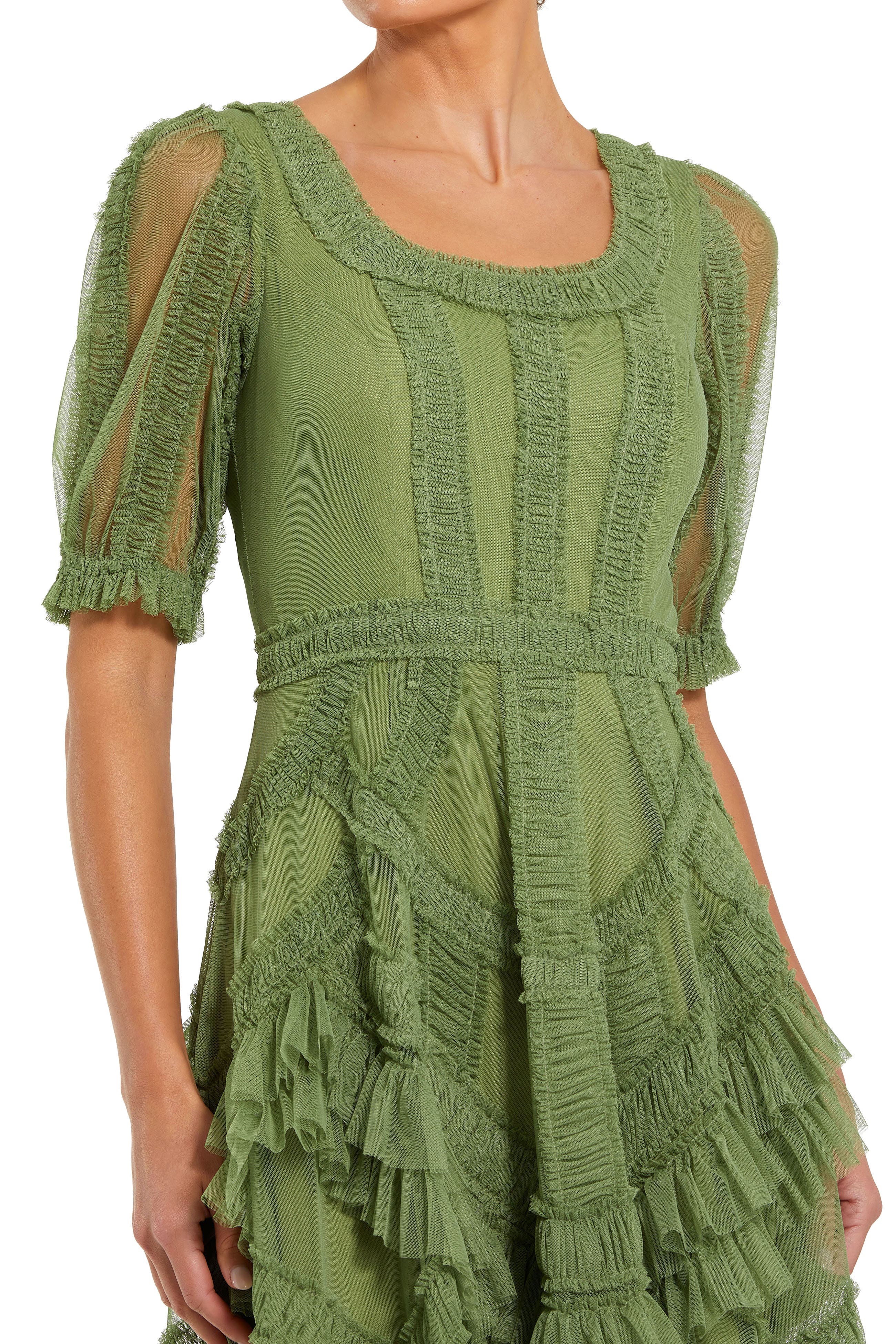 short sleeve ruffle midi dress Green Short Sleeve Micro Ruffle Midi Dress