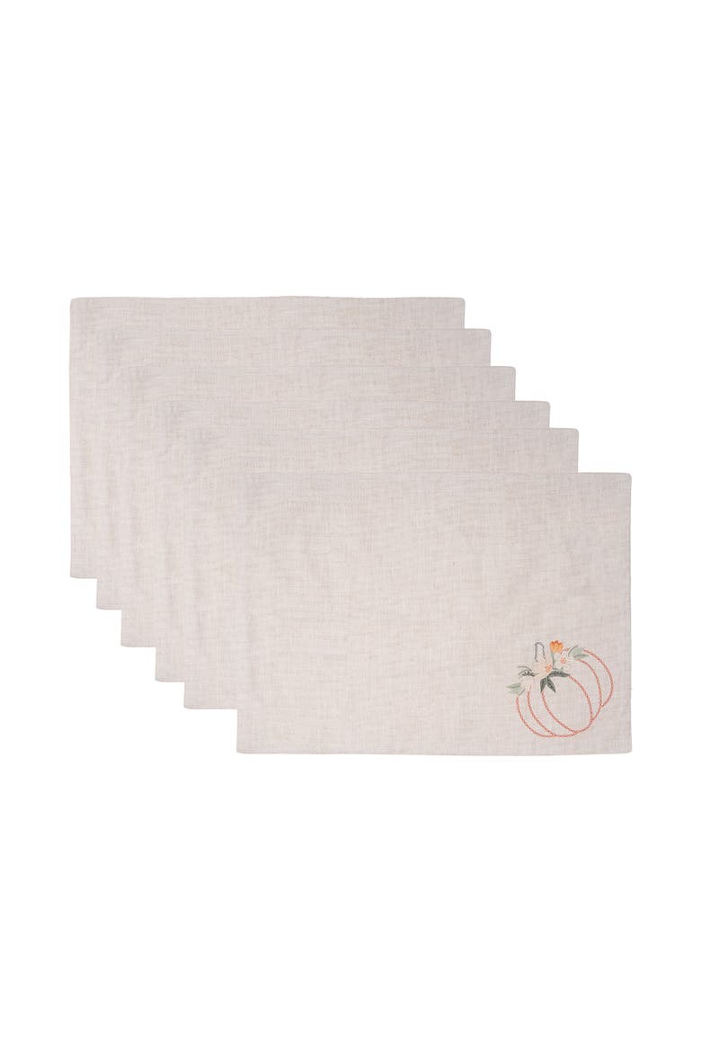 Beige Autumn Botanical Pumpkin 100% Cotton Embroidered Set of 6 Placemats 14" x 20", Main, color, Beige