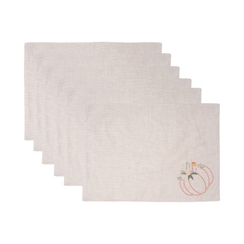 Beige Autumn Botanical Pumpkin 100% Cotton Embroidered Set of 6 Placemats 14" x 20"