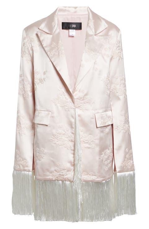 Kyla Embroidered Fringe Silk Satin Jacket