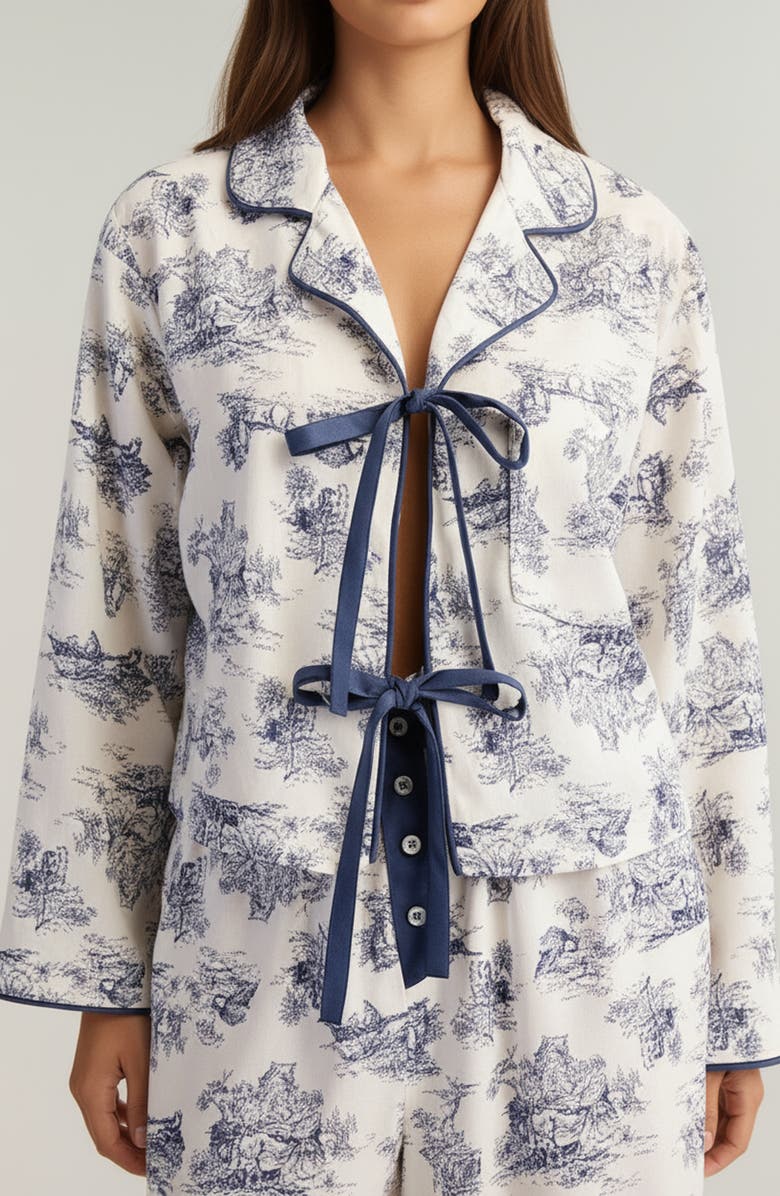 Modenaire Printed Button-Up Pajama Set with Contrast Trim and Ribbon Tie, Alternate, color, Toile Print