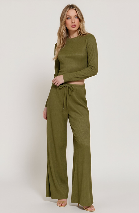 Ribbed Long Sleeve Crop Top and Wide Leg Lounge Pants Set with Drawstring